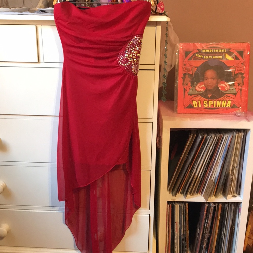Vintage Y2K Bias Asymmetrical Strapless Tube Ruffle Dress Red DEB Small Sexy Hot